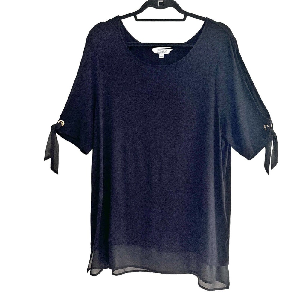 Ellen Tracy Womens Top XL Black Scoop Neck Split Sleeve Chiffon Hem Stretch